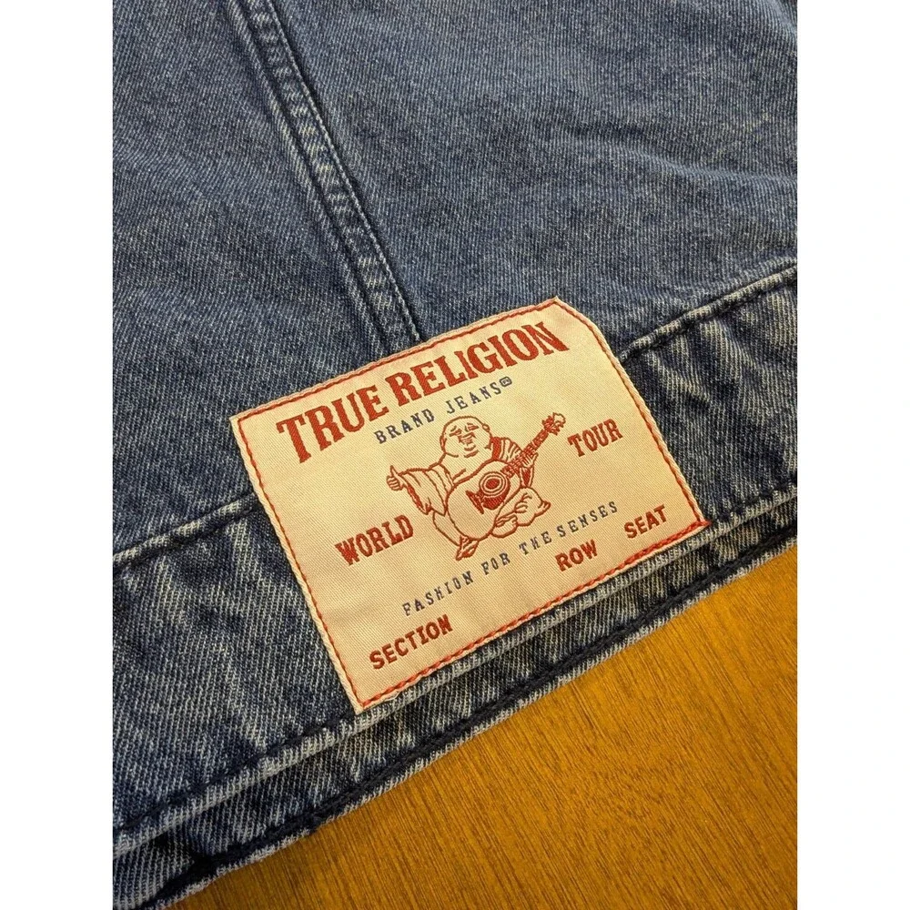 True Religion Denim Jacket XL Blue Logo Tape Sleeves NWOT Minor Flaw Y2K...